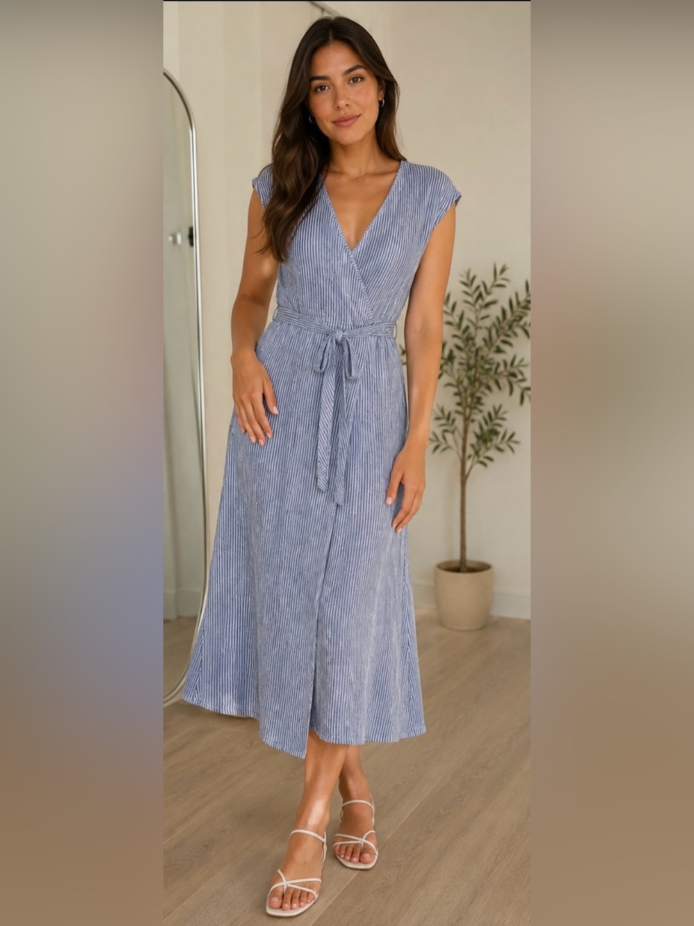 Caution To The Wind Blue Striped Wrap Midi Dress